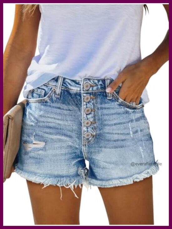Pants - High Waisted Stretchy Ripped Denim Shorts with Pockets